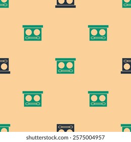 Green and black Eye shadow palette with brush icon isolated seamless pattern on beige background.  Vector