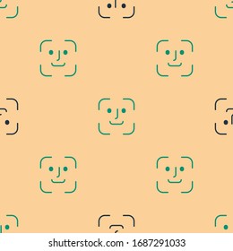 Green and black Face recognition icon isolated seamless pattern on beige background. Face identification scanner icon. Facial id. Cyber security concept.  Vector Illustration