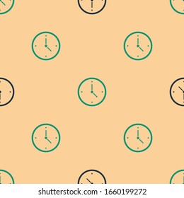 Green and black Fast time delivery icon isolated seamless pattern on beige background. Timely service, stopwatch in motion, deadline concept, clock speed.  Vector Illustration