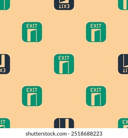 Green and black Fire exit icon isolated seamless pattern on beige background. Fire emergency icon.  Vector