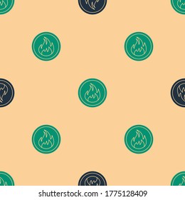 Icono de la llama del fuego verde y negro aislado patrón sin fisuras en el fondo beige.  Ilustración vectorial