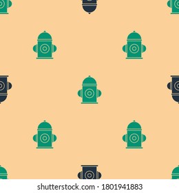 Green and black Fire hydrant icon isolated seamless pattern on beige background.  Vector Illustration