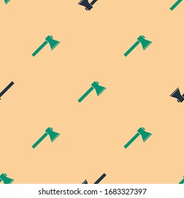 Green and black Firefighter axe icon isolated seamless pattern on beige background. Fire axe.  Vector Illustration