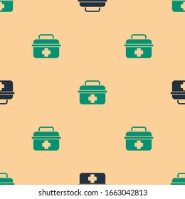 Green and black First aid kit icon isolated seamless pattern on beige background. Medical box with cross. Medical equipment for emergency. Healthcare concept.  Vector Illustration