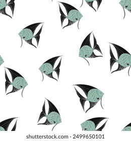 Green black fish on a white background. Vector seamless pattern.