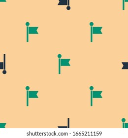 Green and black Flag icon isolated seamless pattern on beige background. Location marker symbol.  Vector Illustration