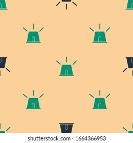 Green and black Flasher siren icon isolated seamless pattern on beige background. Emergency flashing siren.  Vector Illustration