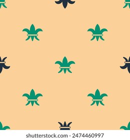 Green and black Fleur De Lys icon isolated seamless pattern on beige background.  Vector
