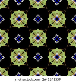 Green and black floral ikat embroidery, motif ethnic ikat seamless textile illustration, print striped ornament, pattern, design for wrapping, silk, scarf, clothing, textile, carpets, and curtains.

