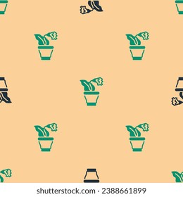 Green and black Flower in pot icon isolated seamless pattern on beige background. Plant growing in a pot. Potted plant sign.  Vector