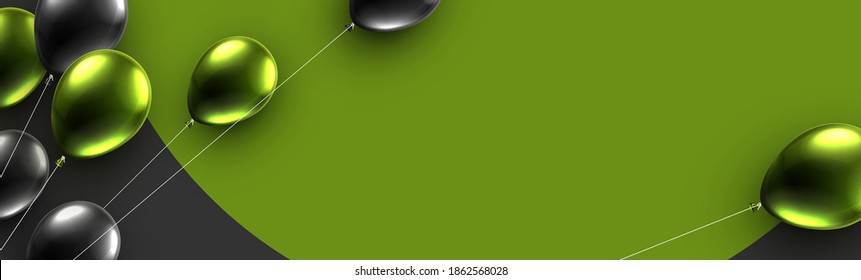 Green and black foil balloons with threads on green round background with black. Space for text. Vector festive illustration.