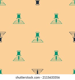 Green and black Folded map with location marker icon isolated seamless pattern on beige background.  Vector