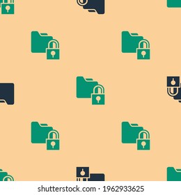 Green and black Folder and lock icon isolated seamless pattern on beige background. Closed folder and padlock. Security, safety, protection concept.  Vector