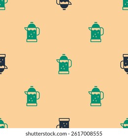 Green and black French press icon isolated seamless pattern on beige background.  Vector
