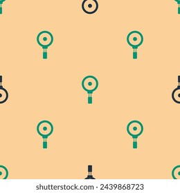 Green and black Frying pan icon isolated seamless pattern on beige background. Fry or roast food symbol.  Vector