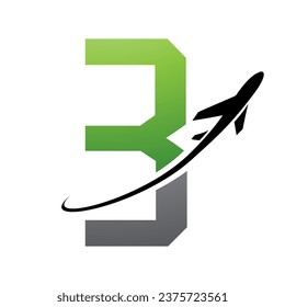 Green and Black Futuristic Letter B Icon with an Airplane on a White Background