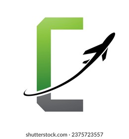 Green and Black Futuristic Letter C Icon with an Airplane on a White Background