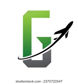Green and Black Futuristic Letter G Icon with an Airplane on a White Background