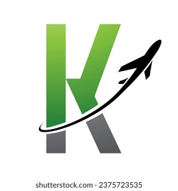 Green and Black Futuristic Letter K Icon with an Airplane on a White Background
