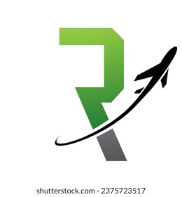 Green and Black Futuristic Letter R Icon with an Airplane on a White Background
