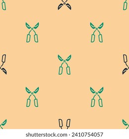 Green and black Gardening handmade scissors for trimming icon isolated seamless pattern on beige background. Pruning shears with wooden handles.  Vector