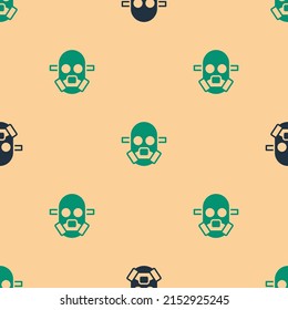 Green and black Gas mask icon isolated seamless pattern on beige background. Respirator sign.  Vector