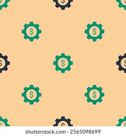 Green and black Gear with dollar symbol icon isolated seamless pattern on beige background. Business and finance conceptual icon.  Vector