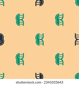 Green and black Genetically modified meat icon isolated seamless pattern on beige background. Syringe being injected to meat.  Vector