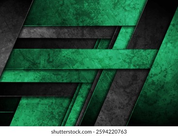 Green and black geometric stripes tech grunge abstract background. Vector retro design