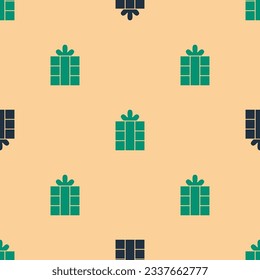 Icono de la caja de regalo verde y negro aislado patrón transparente en fondo beige. Feliz Navidad y Feliz Año Nuevo.  Vector