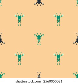 Green and black Giraffe head icon isolated seamless pattern on beige background. Animal symbol.  Vector