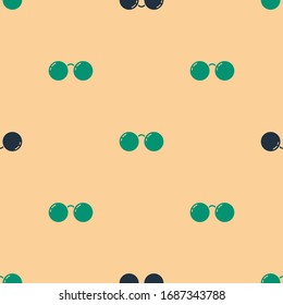 Green and black Glasses icon isolated seamless pattern on beige background. Eyeglass frame symbol.  Vector Illustration