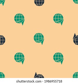 Green and black Globe with flying plane icon isolated seamless pattern on beige background. Airplane fly around the planet earth. Aircraft world icon.  Vector Illustration