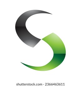 Green and Black Glossy Blade Shaped Letter S Icon on a White Background