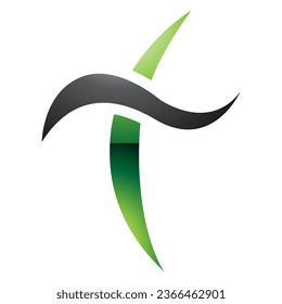 Green and Black Glossy Curvy Sword Shaped Letter T Icon on a White Background