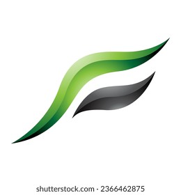 Green and Black Glossy Flying Bird Shaped Letter F Icon on a White Background