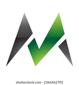 Green and Black Glossy Pointy Tipped Letter M Icon on a White Background
