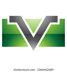 Green and Black Glossy Rectangle Shaped Letter V Icon on a White Background