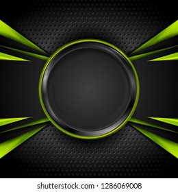 Green and black glossy tech elements on black perforated background. Abstract vector design