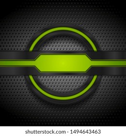 Green and black glossy tech shapes on dark metallic perforated background. Vector futuristic design