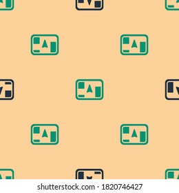 Green and black Gps device with map icon isolated seamless pattern on beige background.  Vector Illustration