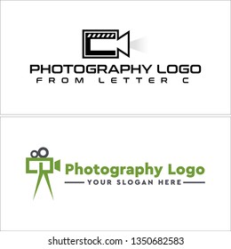 Green black gray line art camera ribbon light combination mark logo design vector suitable for photography media production company businesses