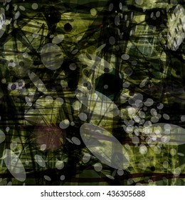 Green, black and gray. Spots, circles, ovals, shapeless stains, wavy stripes, sharp-angled elements such as spines or thorns, streaks and scratches. Mixed random. Abstract seamless vector background.

