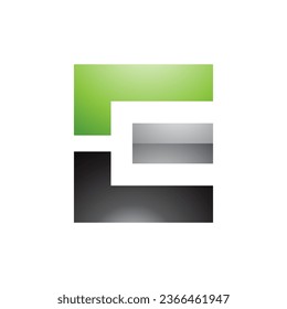 Green Black and Grey Glossy Rectangular Letter E Icon on a White Background