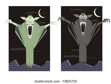 Green and black / grey vampires in a haunted halloween landscape - color vector cartoon illustration