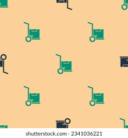 Green and black Hand truck and boxes icon isolated seamless pattern on beige background. Dolly symbol.  Vector Illustration