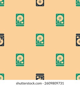Green and black Hard disk drive HDD icon isolated seamless pattern on beige background. Vector