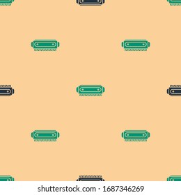 Green and black Harmonica icon isolated seamless pattern on beige background. Musical instrument.  Vector Illustration