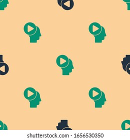 Green and black Head people with play button icon isolated seamless pattern on beige background.  Vector Illustration