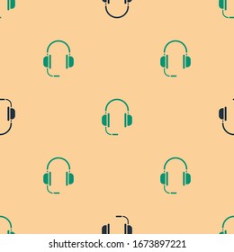 Green and black Headphones with microphone icon isolated seamless pattern on beige background.  Vector Illustration
